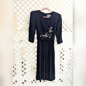 Vintage 80's Peri Petites Black & Metallic Silver Floral Embroidered Dress